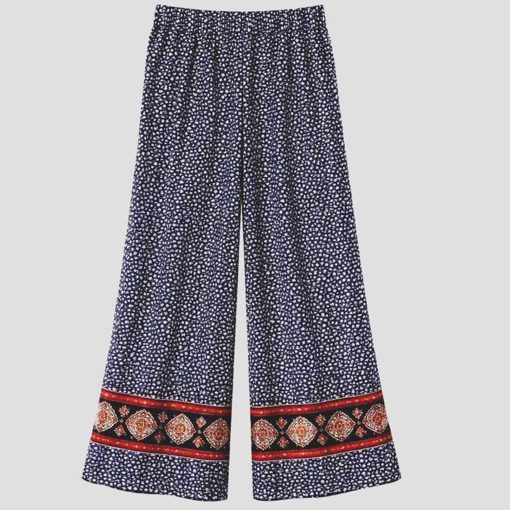 Maurices Blue White Boho Boarder Elastic Waist Flowy Lightweight Palazzo Pants - Picture 2 of 12